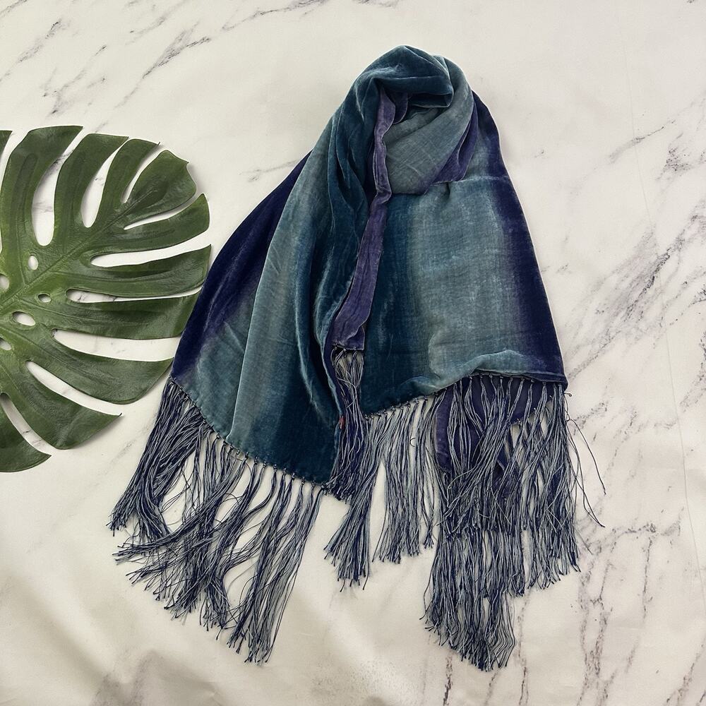 Womens Vintage Y2k Velvet Scarf Wrap Purple Blue Fringe Tassels Ombre